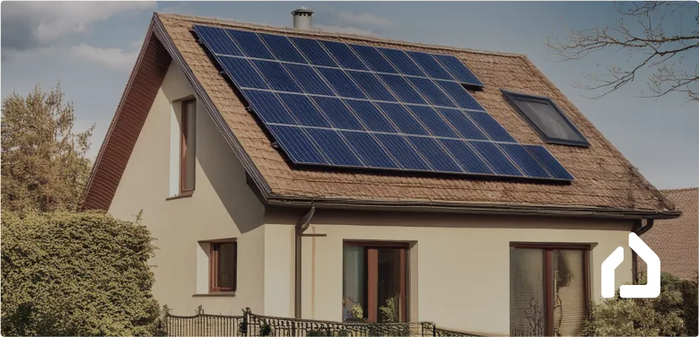 Maison équipée de panneaux solaires avec le pictogramme Groupe APB