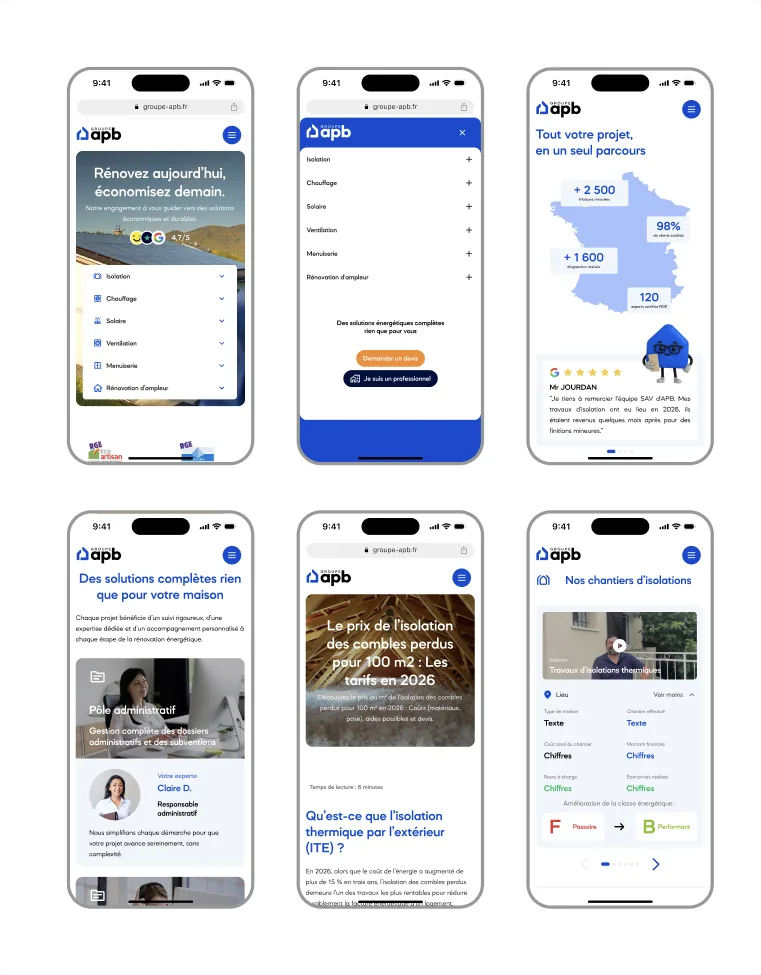 Six écrans mobiles du site Groupe APB